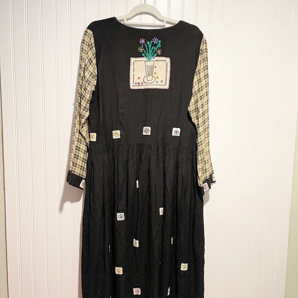 Vintage Hand Jive Hand Block Art To Wear Dress Plaid Sleeves Floral Midi Small - Picture 6 of 7